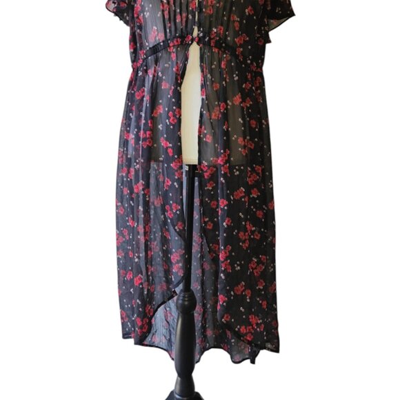 Torrid Chiffon 00 Maxi High-Low Blouse Topper Black Red Floral Roses - Picture 3 of 3